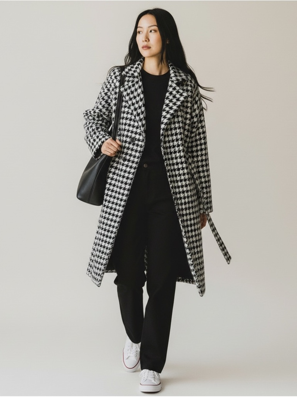 Classic Houndstooth Wrap Coat - Black & White